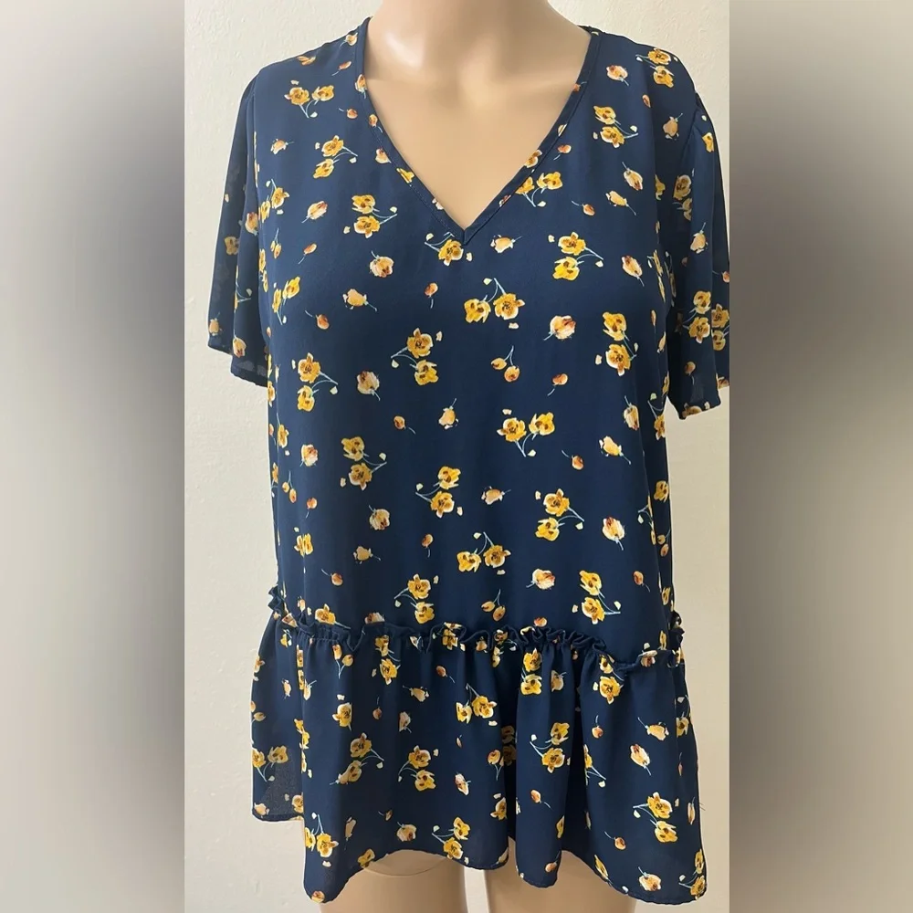 Pleione Navy with yellow floral dressy ruffle blouse Size XS - Picture 3 of 12